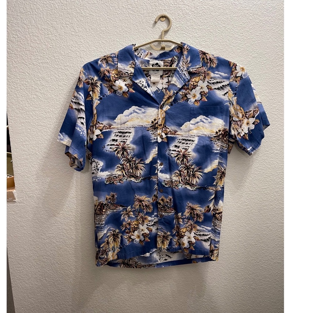 Hilo Hattie Mens 2XL Hawaiian Shirt Blue Tropical Palm Tree Hibiscus Made in USA